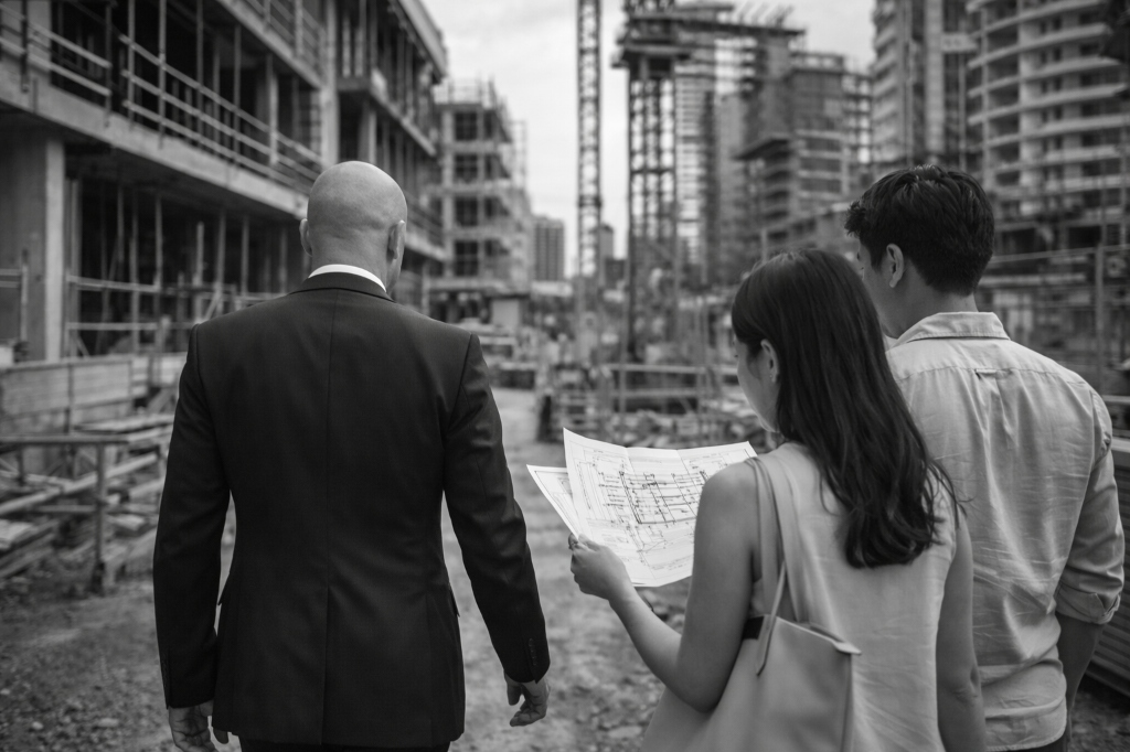 Simon at a construction site with clients